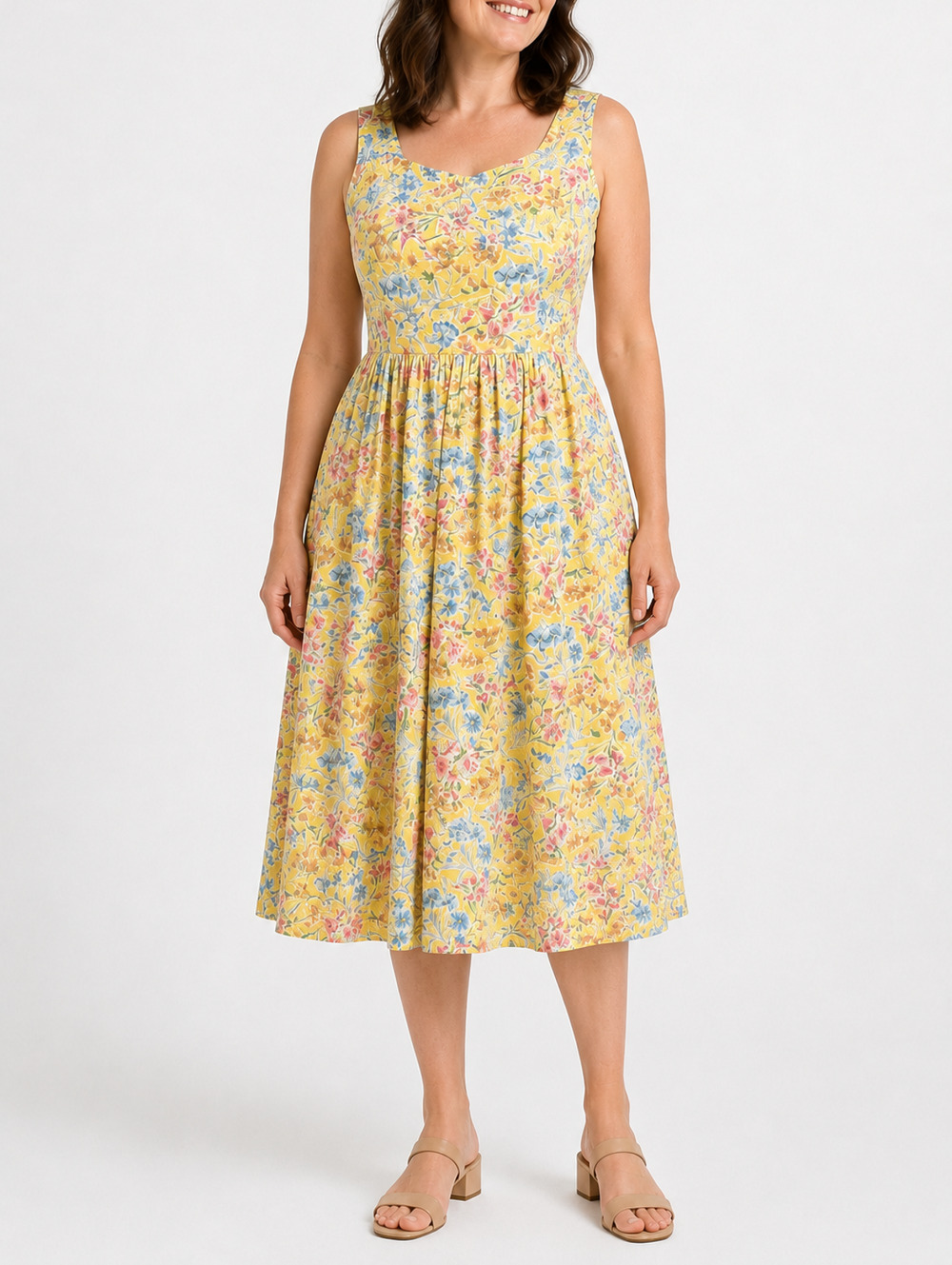 Vintage 90s Laura Ashley Dress 14 Yellow Floral Cotton Midi Cottagecore